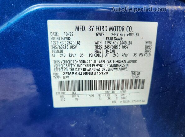 2FMPK4J99NBB15128 2022 FORD EDGE Синий Вид наклейки с VIN-кодом
