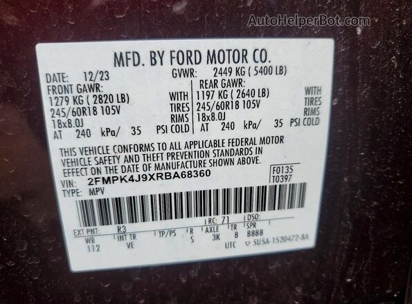 2FMPK4J9XRBA68360 2024 FORD EDGE Бордовый Вид подкапотного пространства
