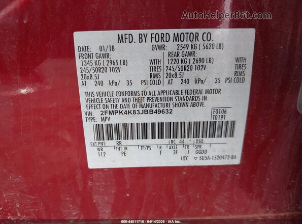 2FMPK4K83JBB49632 2018 FORD EDGE Красный Вид подкапотного пространства