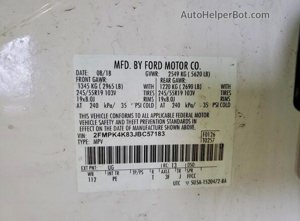 2FMPK4K83JBC57183 2018 FORD EDGE Белый Вид наклейки с VIN-кодом