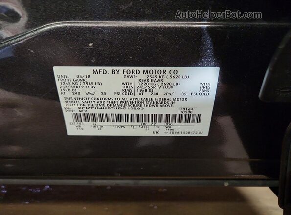 2FMPK4K87JBC13283 2018 FORD EDGE Угольный Вид наклейки с VIN-кодом