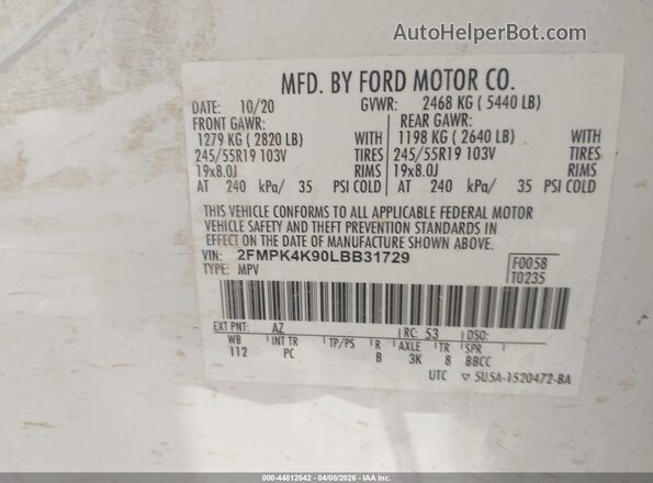 2FMPK4K90LBB31729 2020 FORD EDGE White Engine compartment view