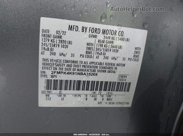 2FMPK4K91NBA35269 2022 FORD EDGE Серебряный Вид подкапотного пространства