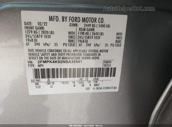 2FMPK4K92NBA35541 2022 FORD EDGE Silver Շարժիչի բաժամունքի տեսք