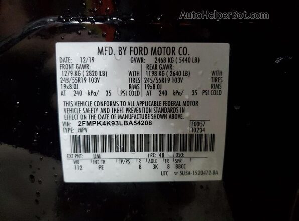 2FMPK4K93LBA54208 2020 FORD EDGE Black VIN կոդի պիտակի տեսք