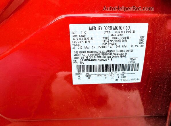 2FMPK4K93NBA26718 2022 FORD EDGE Red Панорамний вид салону 360°