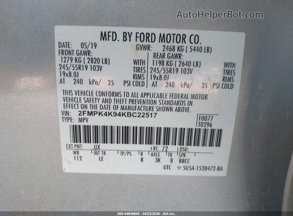 2FMPK4K94KBC22517 2019 FORD EDGE Silver Widok komory silnika