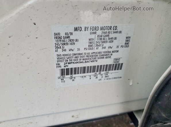 2FMPK4K94LBA74970 2020 FORD EDGE Белый Вид подкапотного пространства