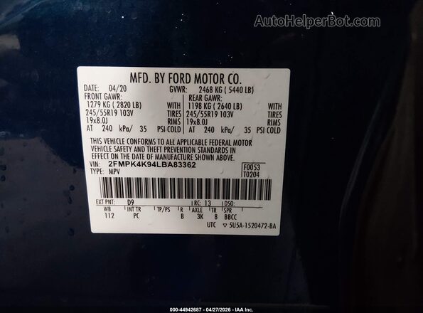 2FMPK4K94LBA83362 2020 FORD EDGE Blue Вид підкапотного простору