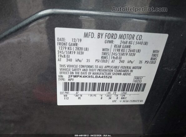 2FMPK4K95LBA45526 2020 FORD EDGE Gray Widok komory silnika