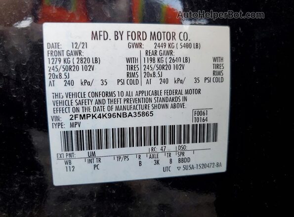 2FMPK4K96NBA35865 2022 FORD EDGE Black VIN կոդի պիտակի տեսք