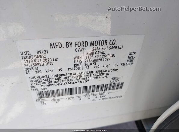 2FMPK4K97MBA19107 2021 FORD EDGE White Vista del compartimento del motor