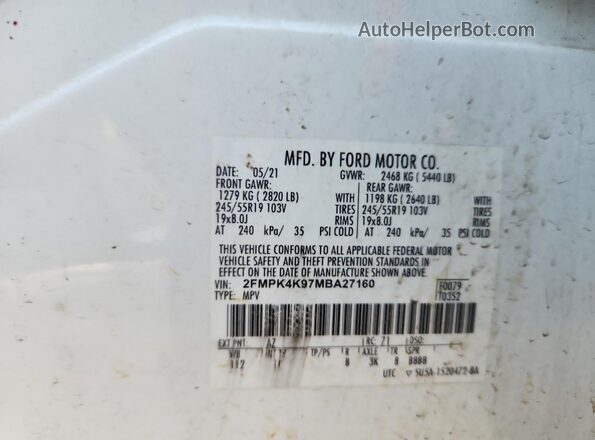 2FMPK4K97MBA27160 2021 FORD EDGE Белый Панорамный вид салона 360°