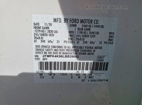 2FMPK4K98LBB39092 2020 FORD EDGE White VIN sticker view