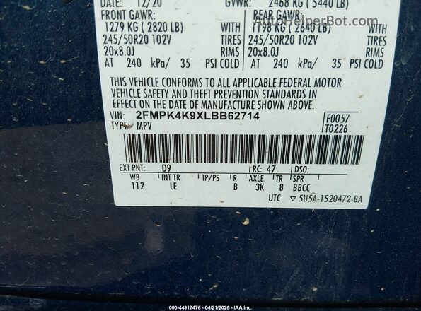 2FMPK4K9XLBB62714 2020 FORD EDGE Blue Engine compartment view