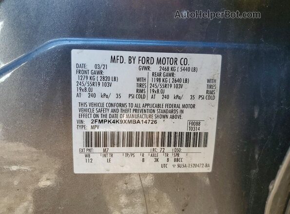 2FMPK4K9XMBA14726 2021 FORD EDGE Gray VIN կոդի պիտակի տեսք