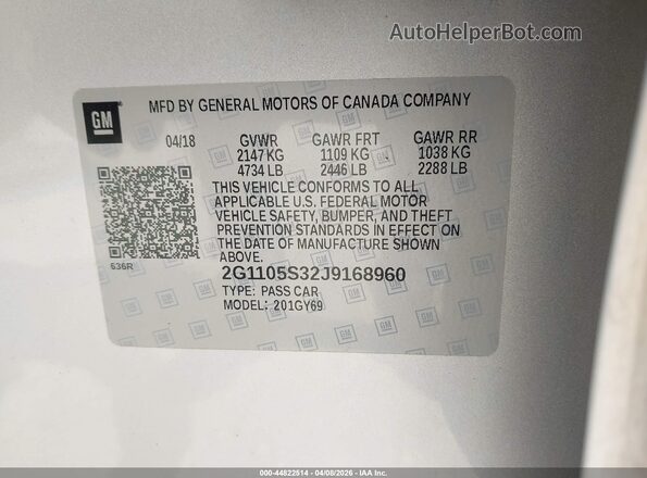 2G1105S32J9168960 2018 CHEVROLET IMPALA Серебряный Вид подкапотного пространства