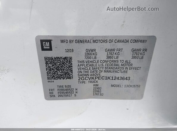 2GCVKPEC1K1243643 2019 CHEVROLET SILVERADO White Widok komory silnika