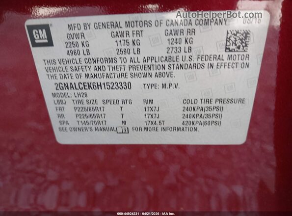 2GNALCEK6H1523330 2017 CHEVROLET EQUINOX Красный Вид подкапотного пространства