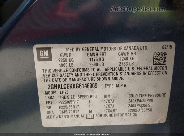 2GNALCEKXG6146969 2016 CHEVROLET EQUINOX Синий Вид подкапотного пространства