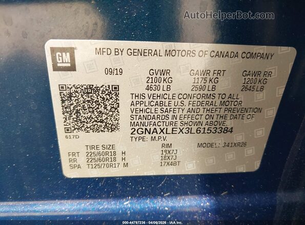 2GNAXLEX3L6153384 2020 CHEVROLET EQUINOX Синий Вид подкапотного пространства