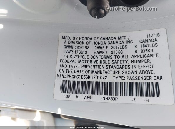 2HGFC1E56KH701072 2019 HONDA CIVIC SI White Engine compartment view