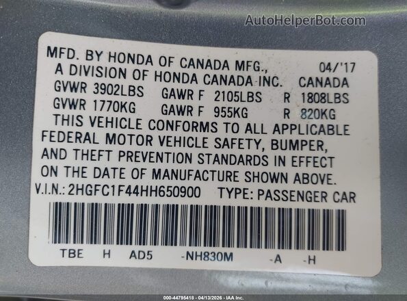 2HGFC1F44HH650900 2017 HONDA CIVIC Silver Widok komory silnika