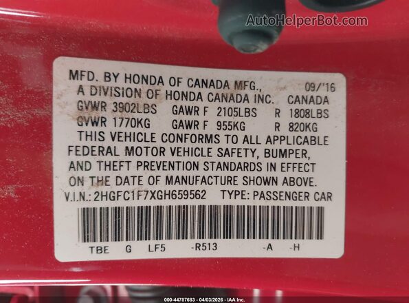 2HGFC1F7XGH659562 2016 HONDA CIVIC Красный Вид подкапотного пространства