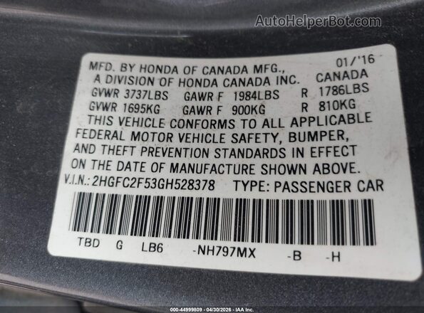 2HGFC2F53GH528378 2016 HONDA CIVIC Серый Вид подкапотного пространства