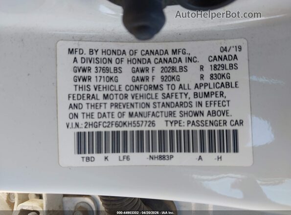 2HGFC2F60KH557726 2019 HONDA CIVIC White Vista del compartimento del motor