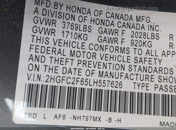 2HGFC2F65LH557626 2020 HONDA CIVIC Gray Вид підкапотного простору