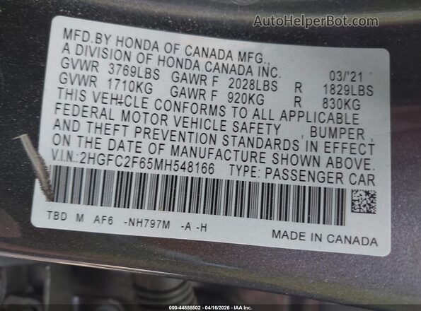 2HGFC2F65MH548166 2021 HONDA CIVIC Gray ძრავის განყოფილების ხედი