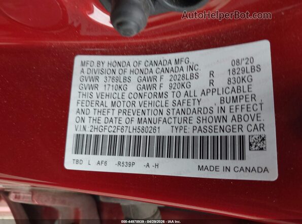2HGFC2F67LH580261 2020 HONDA CIVIC Красный Вид подкапотного пространства