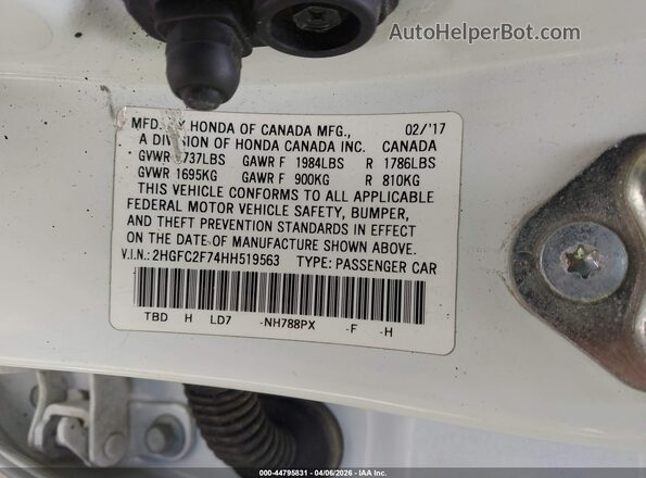 2HGFC2F74HH519563 2017 HONDA CIVIC Белый Вид подкапотного пространства