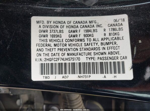 2HGFC2F74JH575170 2018 HONDA CIVIC Black Widok komory silnika