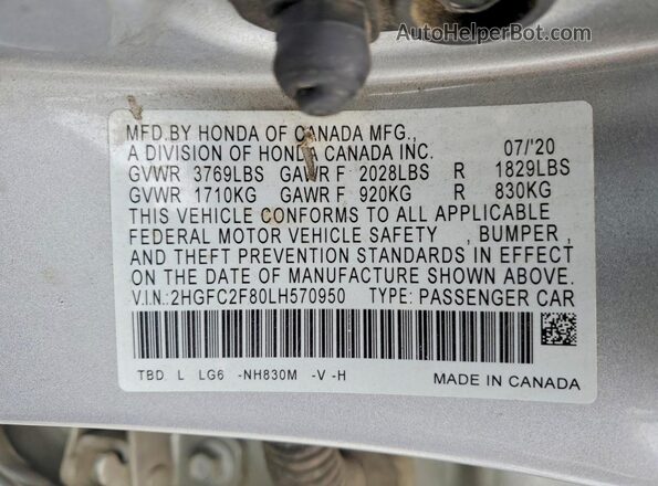 2HGFC2F80LH570950 2020 HONDA CIVIC Silver Շարժիչի բաժամունքի տեսք