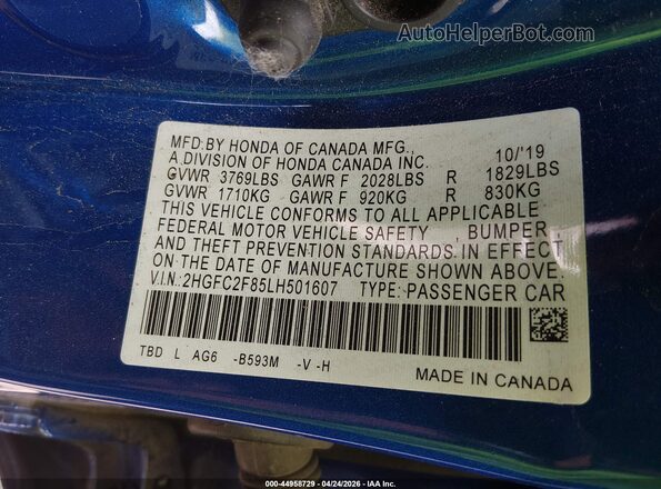 2HGFC2F85LH501607 2020 HONDA CIVIC Blue Widok komory silnika