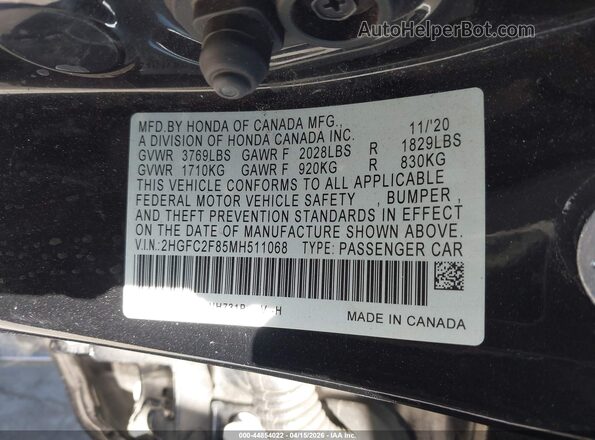 2HGFC2F85MH511068 2021 HONDA CIVIC Черный Вид подкапотного пространства