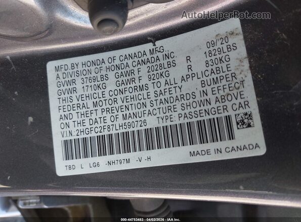 2HGFC2F87LH590726 2020 HONDA CIVIC Серый Вид подкапотного пространства