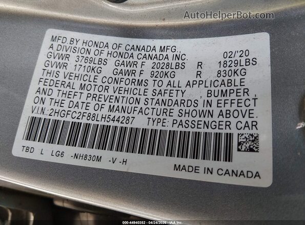 2HGFC2F88LH544287 2020 HONDA CIVIC Silver Widok komory silnika