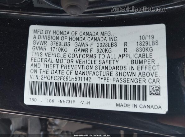 2HGFC2F89LH501142 2020 HONDA CIVIC Black Widok komory silnika