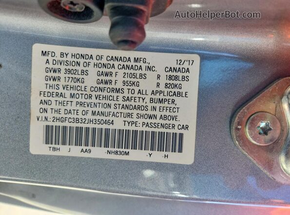 2HGFC3B32JH350464 2018 HONDA CIVIC Серебряный Вид подкапотного пространства