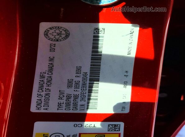 2HGFE1E56NH080494 2022 HONDA CIVIC Red VIN კოდის სტიკერის ხედი