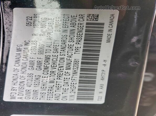 2HGFE1F71NH320681 2022 HONDA CIVIC Black Շարժիչի բաժամունքի տեսք