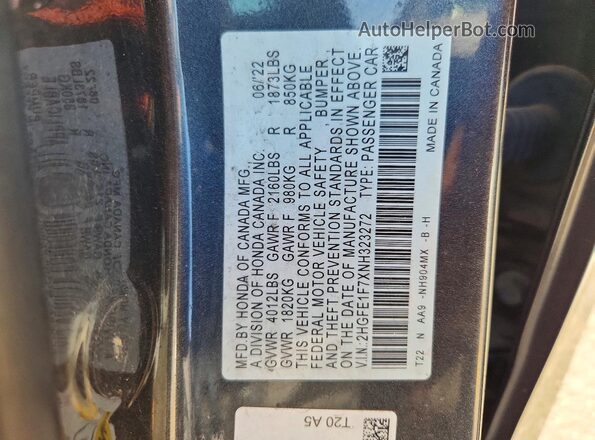 2HGFE1F7XNH323272 2022 HONDA CIVIC Gray Вид наклейки з VIN-кодом