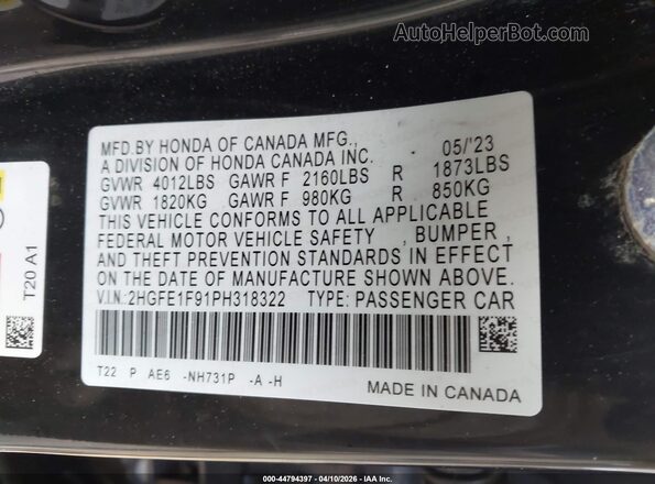 2HGFE1F91PH318322 2023 HONDA CIVIC Черный Вид подкапотного пространства