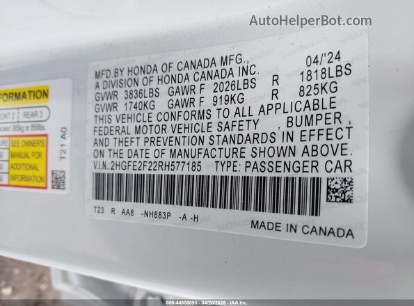 2HGFE2F22RH577185 2024 HONDA CIVIC White ძრავის განყოფილების ხედი