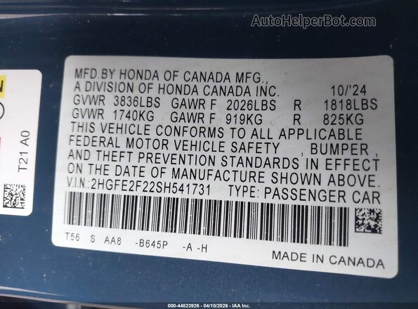 2HGFE2F22SH541731 2025 HONDA CIVIC Blue Vista del compartimento del motor