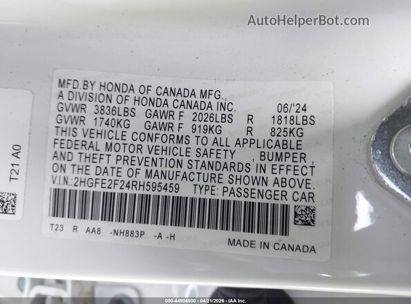 2HGFE2F24RH595459 2024 HONDA CIVIC White Vista del compartimento del motor
