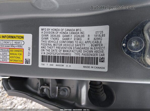 2HGFE2F24TH508652 2026 HONDA CIVIC Silver Շարժիչի բաժամունքի տեսք
